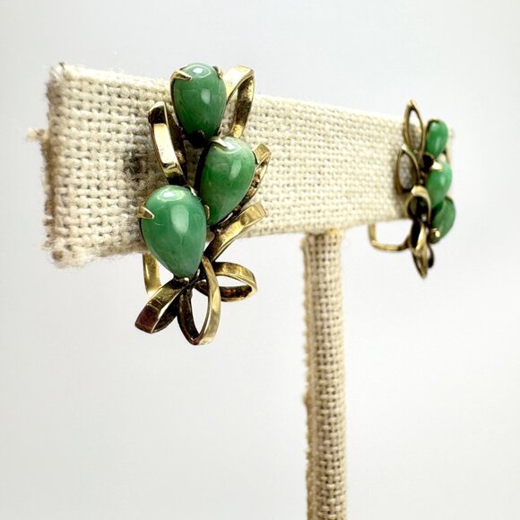 Antique 14k Yellow Gold Jade Earrings Pear Shape Leaf Branch Design Screw Backs - Picture 3 of 10